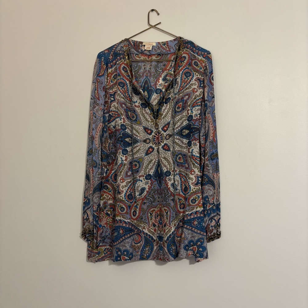 Sundance Silk Beaded Paisley Blouse - Size Large - Boho Tunic Top